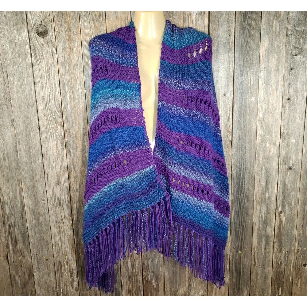 NEW Blue Purple Eyelet Hand Knit Shawl Wrap‎ Boho Festival Artsy Indie Coastal